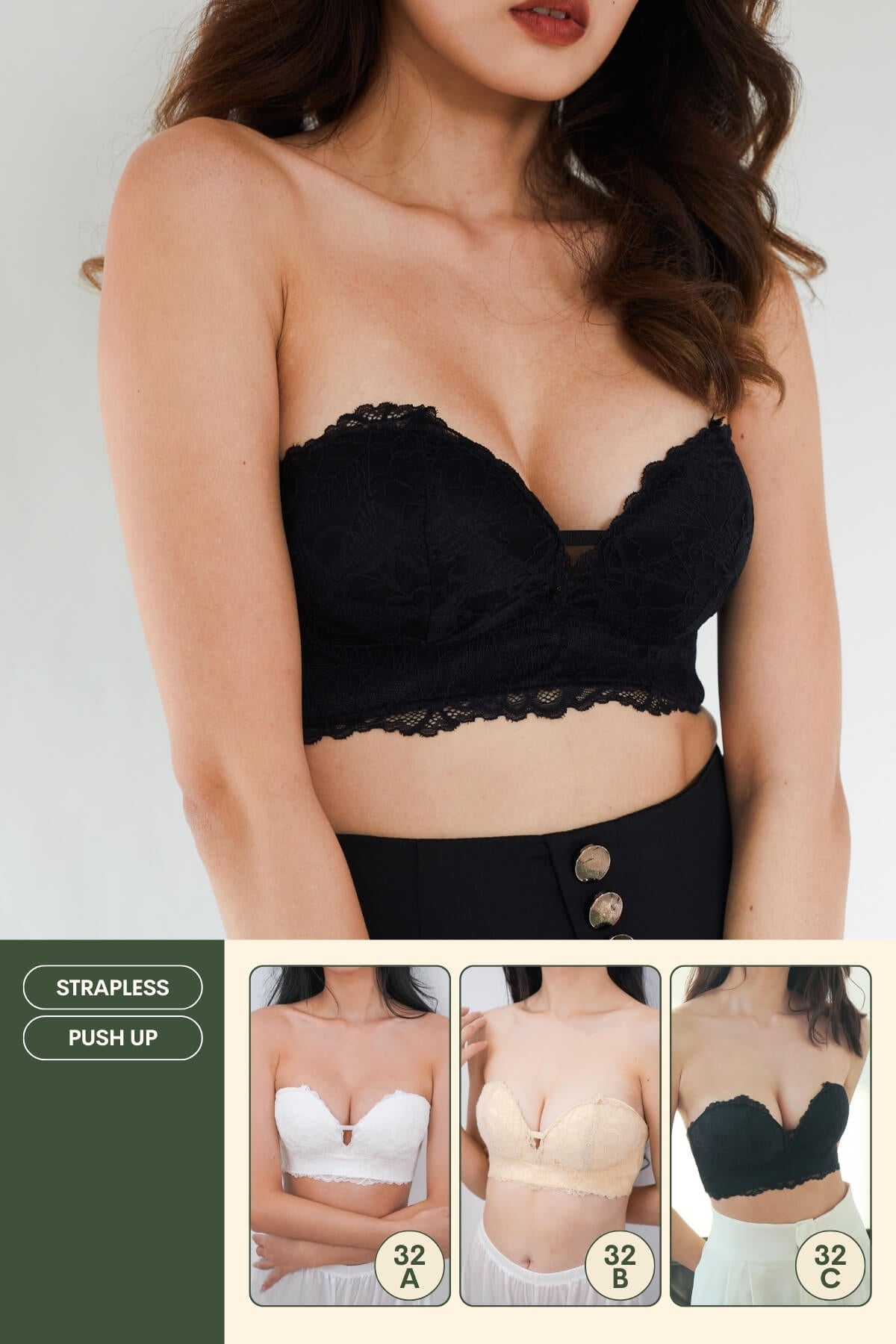 Lace Anti - Slip Push Up Strapless Bra In Black - Bra - Strapless & Push Up - Adelais Official