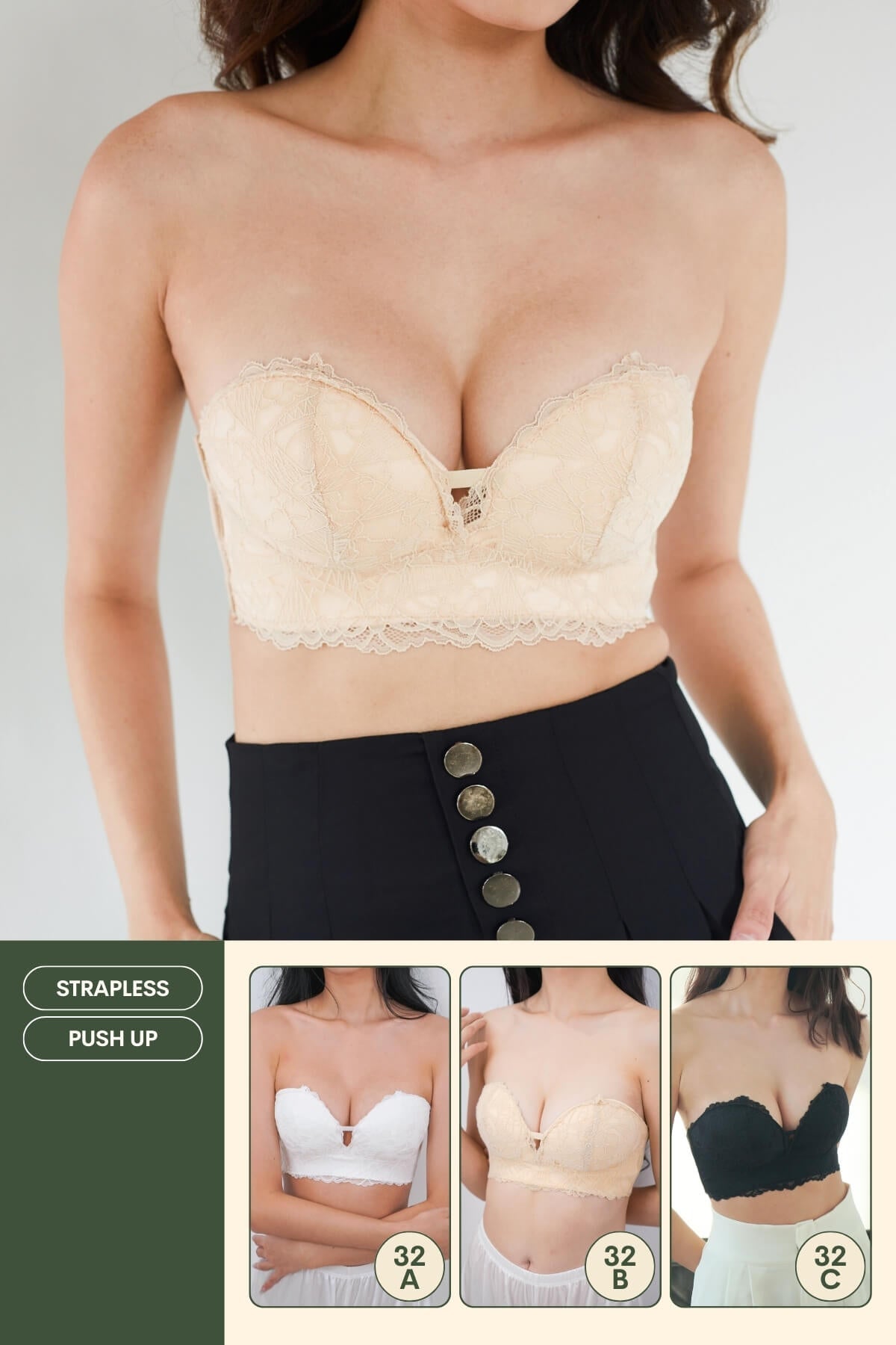 Lace Anti - Slip Push Up Strapless Bra In Blanched Almond - Bra - Strapless & Push Up - Adelais Official