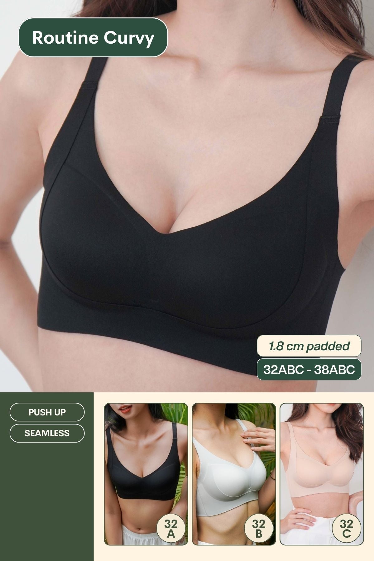 Routine Curvy Seamless Push Up Bra In Black - Bra - Push Up & Seamless - Adelais Official